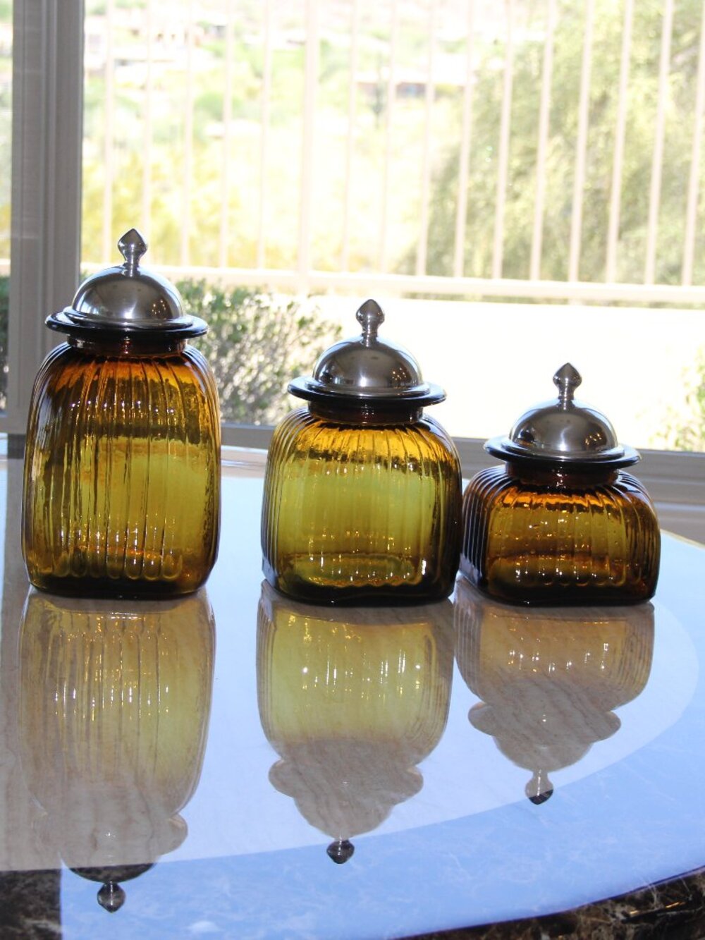 Vintage Amber Glass Apothecary 3-Canister Set. Beautiful Ribbed Heavy Amber